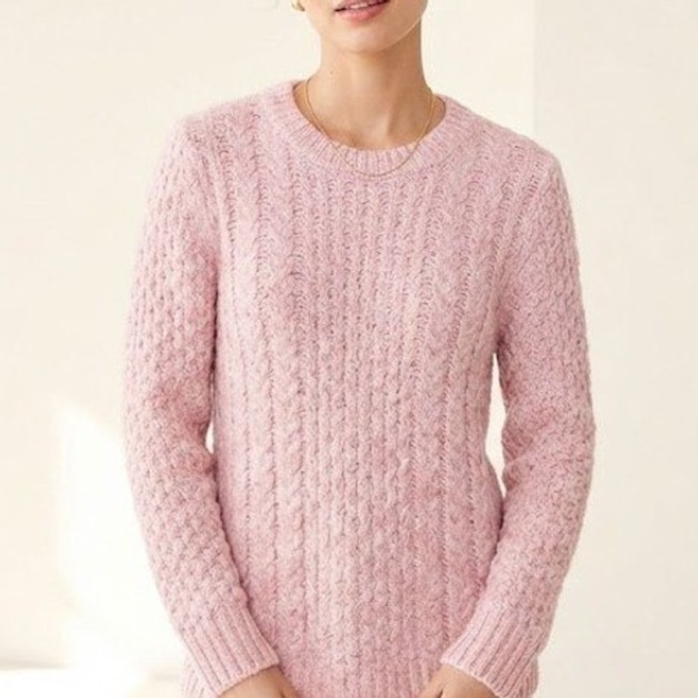 Lands End Sweater Womens L 14-16 Pink Chunky Cable Knit Cotton Wool Blend Cozy